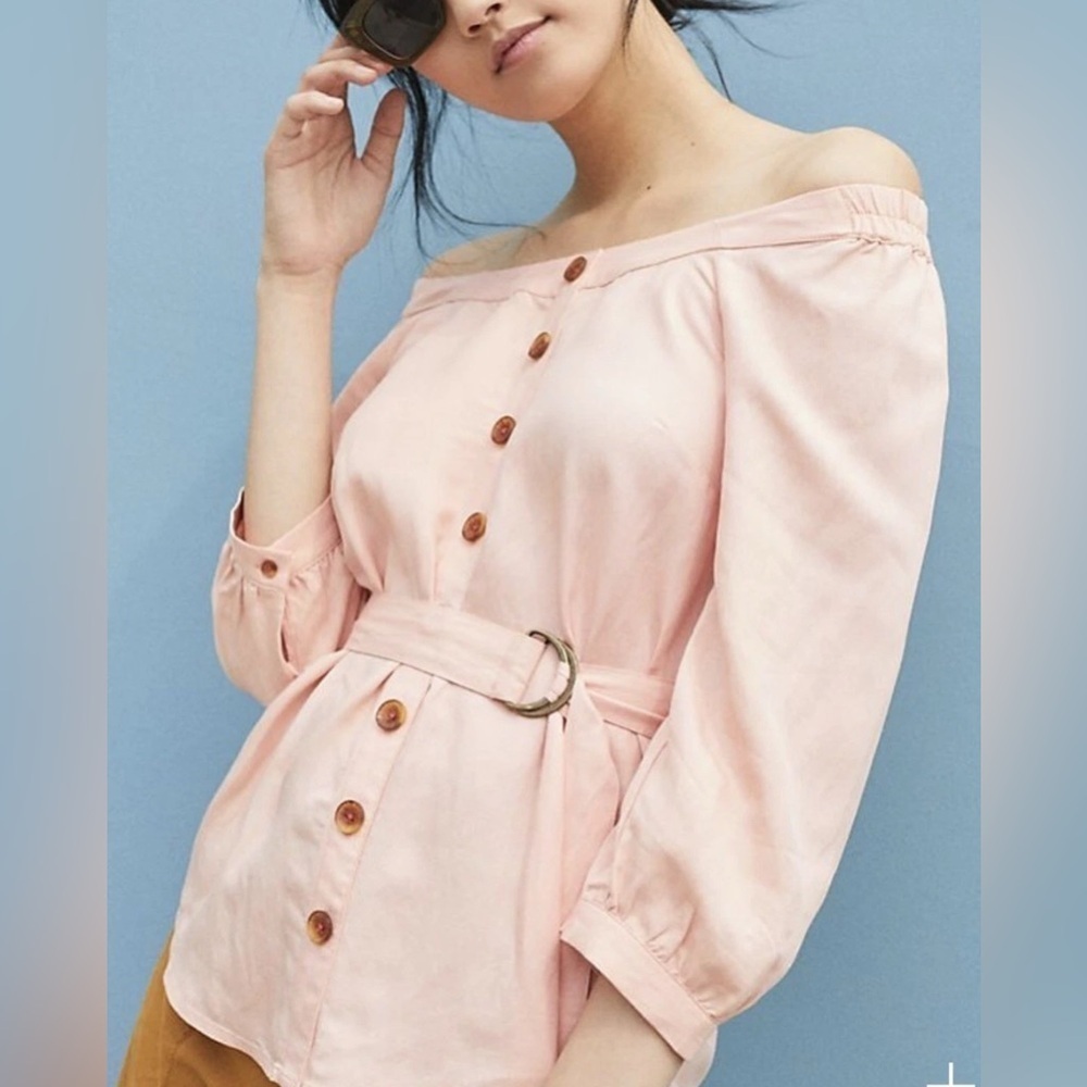 Anthropologie Maeve Peach Alanis Belted Linen Blend Blouse Women's Floral Size 8